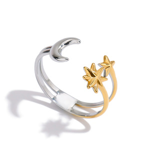 Star Moon Double Layer <b>Open</b> <b>Ring</b> Gold Silver Color Block Geometric Design Unisex Fashion Jewelry Gift - Product Image 1