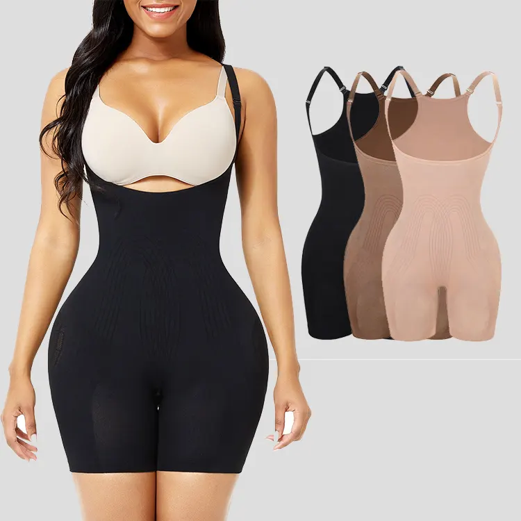 Women's Seamless Open Bust Butt Lifter Bodysuit Quick Dry Tummy Control Shapewear with Breathable Shorts for Adults
