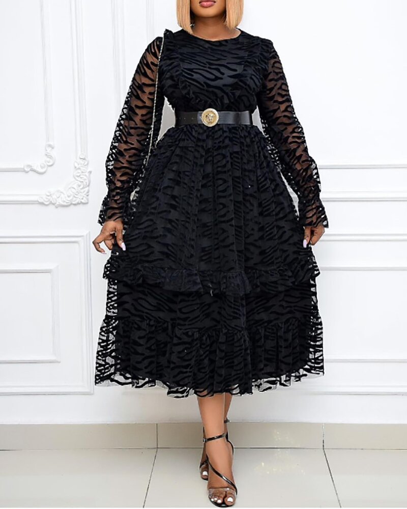 Spring Fall New Woman Formal Mesh Long Sleeve Elegant Black Dress Women