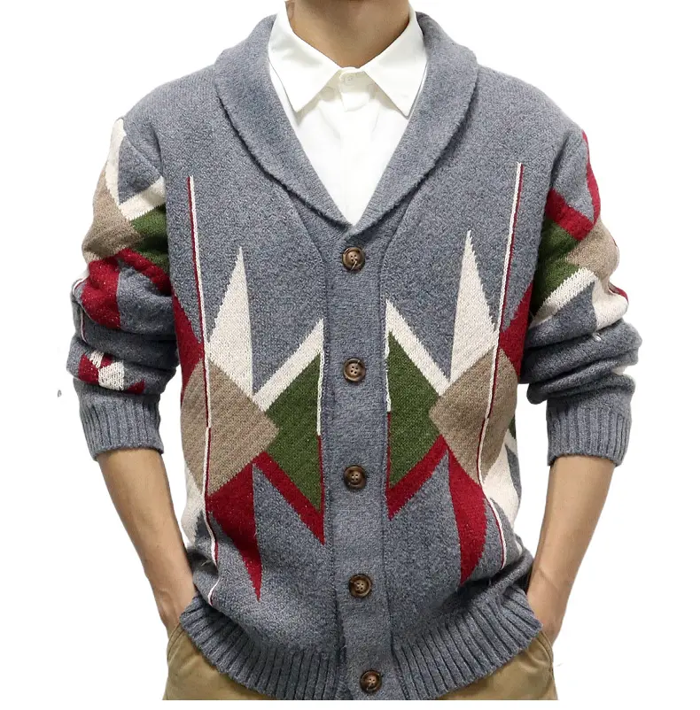OEM ODM fornitore di maglione Vintage da uomo Jacquard scollo a V con Cardigan monopetto lavorato a maglia 2023