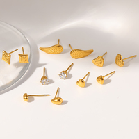 Boucles d'oreilles clous minimalistes chic plaqué or 18 carats étanches, motif aile, marteau, cœur, zircon cubique rond, pour le quotidien