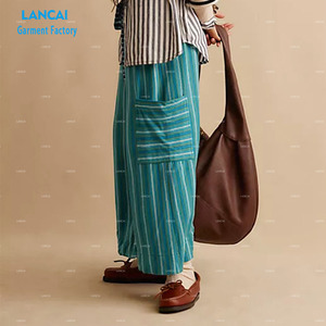 Pantalones rectos para mujer Tela de algodón a rayas Cintura con cordón Casual Suelto Vida diaria Ropa personalizada al por mayor - Product Image 3