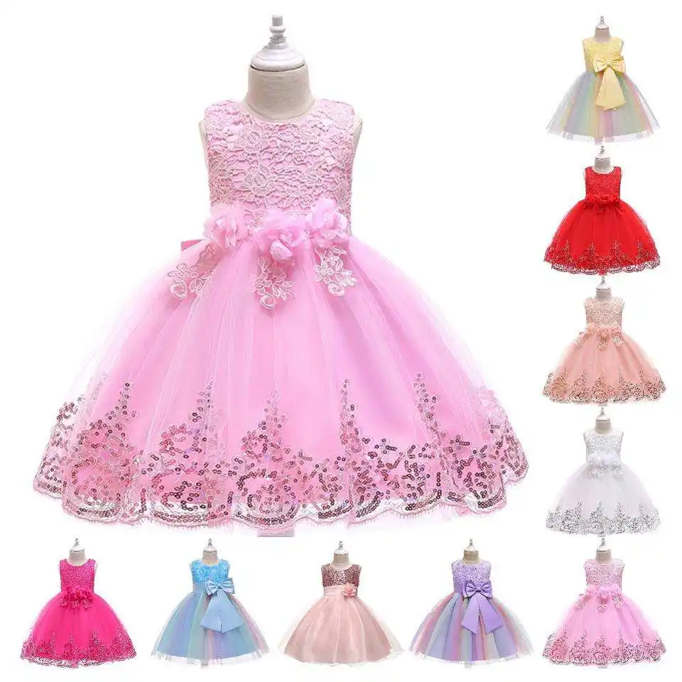 Vestido de verão personalizado para meninas, vestido infantil bordado com lantejoulas para festas de aniversário e meninas, flor