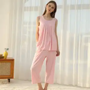 Canotta da notte personalizzata traspirante con pantaloni Capri Pj Set donna viscosa da pigiama in bambù