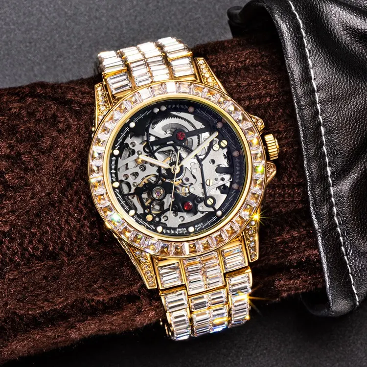 Fast Shipping Classic Gold Plated Unique Design Latest Diamond Ice Out Men Mechanical Wristwatch