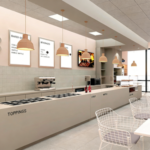 Airy Luxe Bakery & Coffee Market Stall Featuring Glass Display Case, Open Tiered Shelving, and Integrated Warm Lighting - Product Image 3