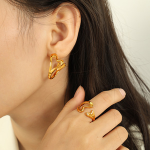 Heart Shaped <b>Ring</b> And Earring Set 18k Gold Plated Women's Jewelry Everyday Wear <b>Adjustable</b> <b>Size</b> 7mm - Product Image 4