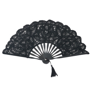 婚礼装饰舞蹈派对纯棉黑色蕾丝折叠手持扇子刺绣新娘手扇竹五线谱 - Product Image 1