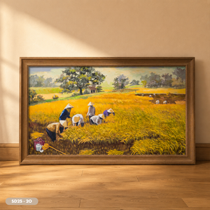 Peinture à l'huile sur toile faite à la main représentant une récolte de riz dans un champ agricole du Vietnam, service OEM ODM, modèle SD25-20 - Product Image 4