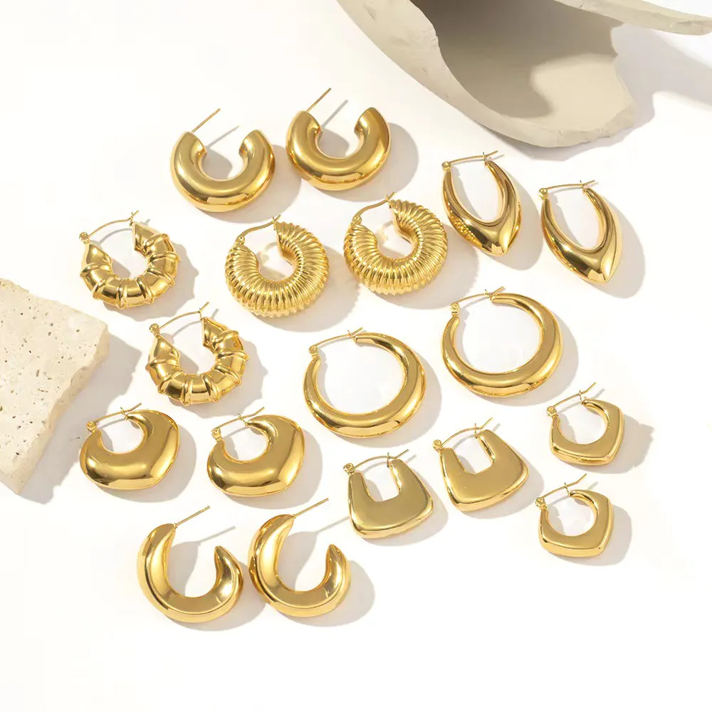 tarnish free chunky 18k gold plated trendy geometric hoopsstainless steel earrings 2023