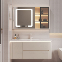 Ensemble de meuble-lavabo mural moderne blanc crème avec vasque en céramique intégrée et armoire miroir LED intelligente