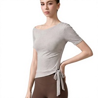 Kaos Olahraga Wanita Dewasa 2026 Bahan Spandex/Katun Organik Bernapas, Lengan Pendek, Model Ribbed, Ketat, Off-Shoulder, untuk Yoga