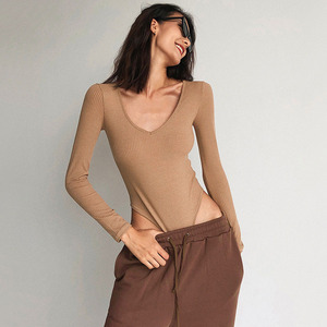 Body en tricot pour femme, manches longues, col en U, taille haute, coupe ajustée, couleur unie, automne-hiver, sous-vêtement - Product Image 1