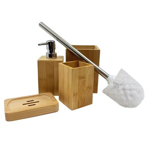 Chobi Family Bamboo Bathroom Set 4 Piece Eco Friendly Rectangular Freestanding Soap Dish Toothbrush Holder Toilet <b>Brush</b> - Product Image 2