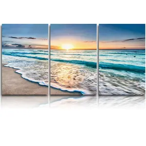 3 panneaux Bleu Plage Lever Du Soleil Blanc Vague Paysage Photos Peinture sur le Mur de Toile Art Marin Étiré Galerie Toile Wraps