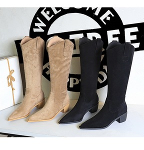 2025 Low Heel Suede Middle Women's Retro Booties Autumn Winter Knee High <b>Boots</b> - Product Image 6