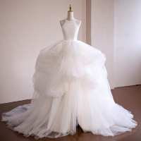 Robe de mariée col rond dos nu en tulle avec nœud, jupe bouffante drapée en satin, grande taille, fleurs personnalisées, vente en gros
