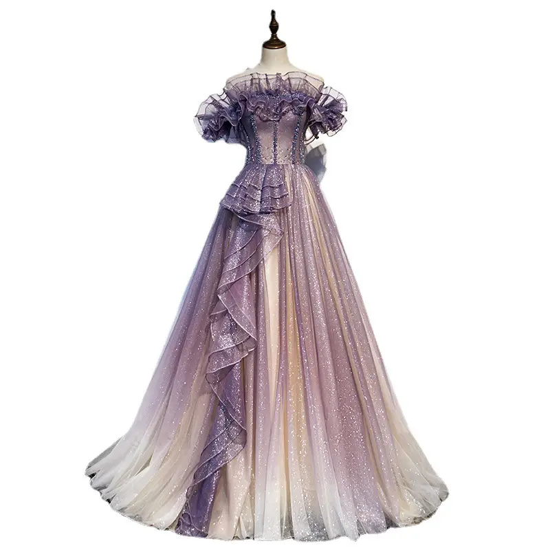 Luxury purple beading glitter ruffled royal queen long dress medieval renaissance victoria ball gown