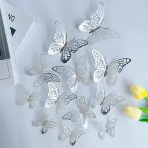 12 adet sıcak satış kağıt kelebek 3D Hollow Metal kelebek doğum günü partisi kek Topper düğün sevgililer günü için