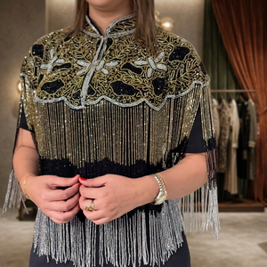 Poncho de soirée/formel pour femme, style droit, orné de cristaux et de perles, brodé à la main, respirant, naturel - Product Image 3