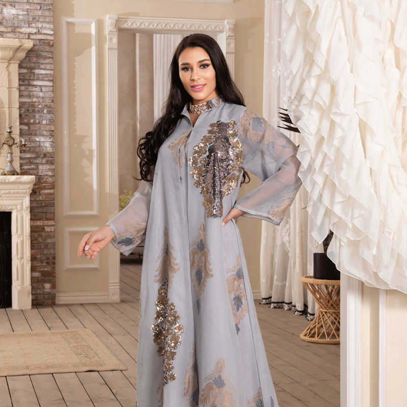 Women's Muslim Evening Dress Beaded Embroidered Mesh Women's Continued Long Sleeve Dress