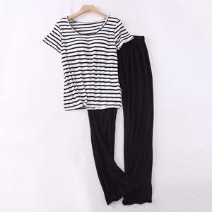Wholesale Womens Full Length Pajamas Sets Stripes Padded Top Drawstring Elastic Long Pants Sleepwear <b>Twinset</b> - Product Image 6
