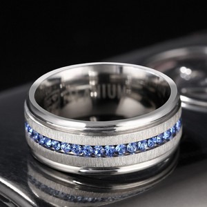 <b>Titanium</b> Steel Wedding Band Engagement <b>Ring</b> W/Blue Simulated Sapphire Cubic Zirconia Princess CZ <b>Ring</b> for <b>Men</b> and Women - Product Image 4