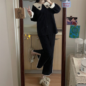 2024 set di pigiami neri graziosi homewear con risvolto grande ragazza a <span class=keywords><strong>manica</strong></span> <span class=keywords><strong>lunga</strong></span> in cotone primavera autunno pigiama <span class=keywords><strong>camicia</strong></span> <span class=keywords><strong>da</strong></span> <span class=keywords><strong>notte</strong></span> <span class=keywords><strong>da</strong></span> donna - Product Image 4