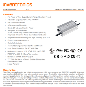 Inventronics ESM-100S105BG 100W 700‑1050mA NFC Programable DALI‑2 D4i Controlador LED de corriente constante IP67 AC90‑305Vac - Product Image 2