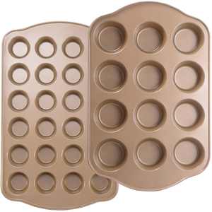 Set di Stampi Antiaderenti <span class=keywords><strong>per</strong></span> Muffin e Cupcake (2 Pezzi) 12 Tazze Regolari 24 Tazze Mini Muffin in Acciaio al Carbonio Dorato Resistente Facile da Sformare - Product Image 1