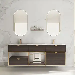 Top Korting Custom Donkerbruin Modern Design Dubbele Gootsteen Houtnerf Badkamer Ijdelheid Voor Badkamer