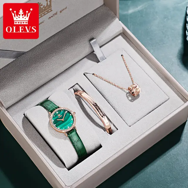 OLEVS Luxury Small green Watch for Women Ultra-thin Ladies Clock Quartz Waterproof Wristwatch Bracelet gifts set Montre femme