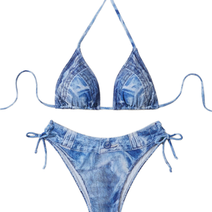 New <b>Men's</b> Two-piece <b>Bikini</b> Sexy Breathable Denim Print Swimsuit with Triangle Bandage - Product Image 1