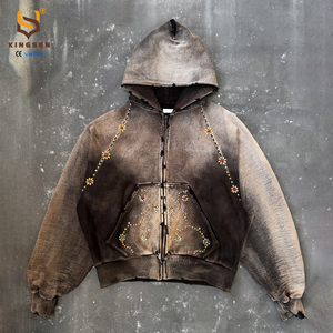 Custom Rhinestone High-quality 100% Cotton Winter Zip-Up Hoodie Gradient Retro Acid-washed Vintage Oversized - Product Image 1