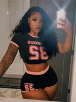 Ensemble 2 pièces sport personnalisé à couleurs contrastées et lettres imprimées Top court à col rond pour femmes Mini short extensible skinny Combinaison active en polyester