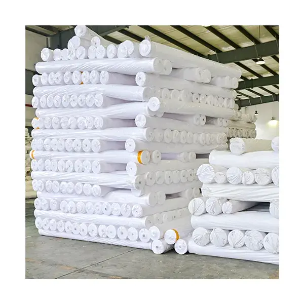 공장 공급 280cm 너비 일반 짠 100% 승화 인쇄/염색을위한 비치 된 흰색 폴리 에스테르 직물