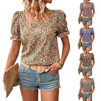 Nouveau T-shirt d'été pour femme, coupe ajustée, en polyester, à motif floral, col carré, manches courtes bouffantes, imprimé et à volants