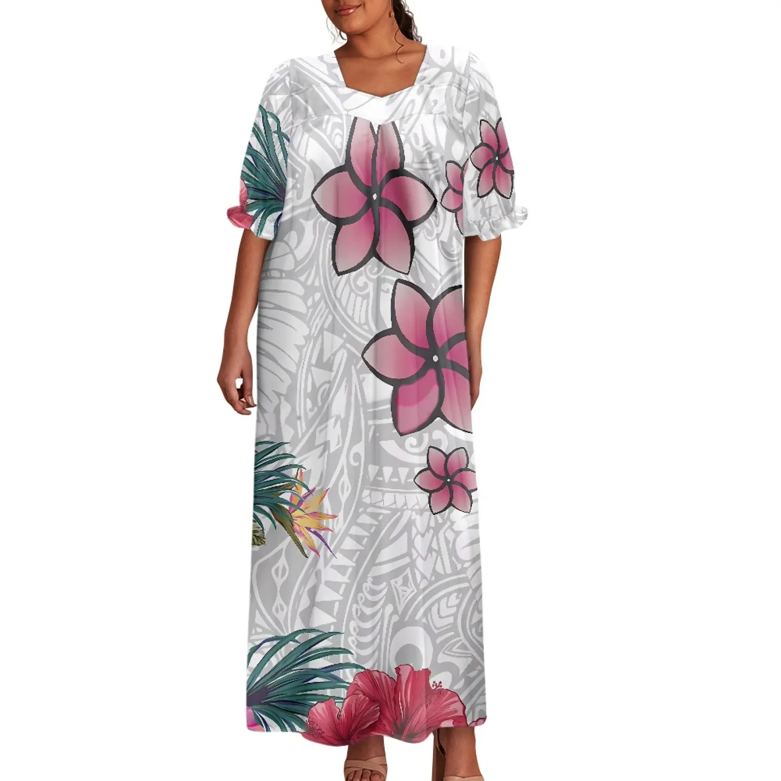 Best Price Vintage Custom Polynesia Hawaii Flower Print Micronesia Mumu Muumuu Island Ruffle Puff Sleeve Long Puffy Dress Women
