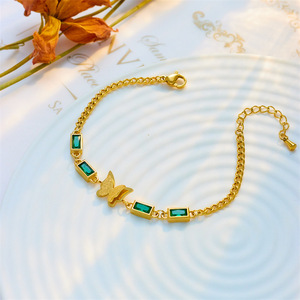 European American Style Butterfly Charm Bracelet Gold Green Rhinestone Square Chain Titanium Steel Jewelry Gift - Product Image 2