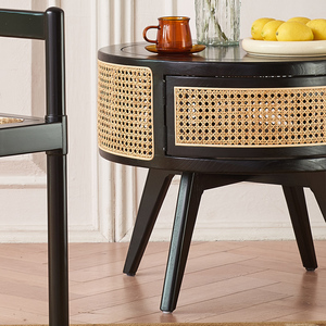 <span class=keywords><strong>Table</strong></span> d'appoint noire de style moderne du milieu du siècle avec tiroir en rotin, pieds en bois massif, <span class=keywords><strong>table</strong></span> de chevet bohème pour chambre à coucher, salon, accent - Product Image 2
