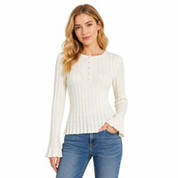 Pull en maille pointelle respirant et fin de haute qualité pour femme, à manches longues évasées, idéal printemps-été, personnalisable OEM/ODM