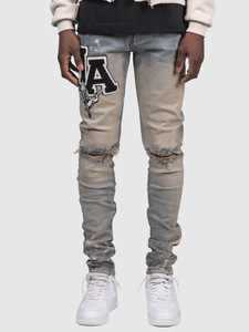 <span class=keywords><strong>Jeans</strong></span> en denim pour hommes en gros, coupe slim, déchirés, style streetwear, délavés, avec broderie au genou, décontractés - Product Image 3