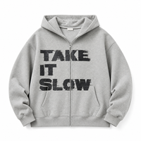 Fabricant de sweats à capuche personnalisés à fermeture éclair intégrale pour hommes, gris, avec motif graphique lettré vieilli, vente en gros