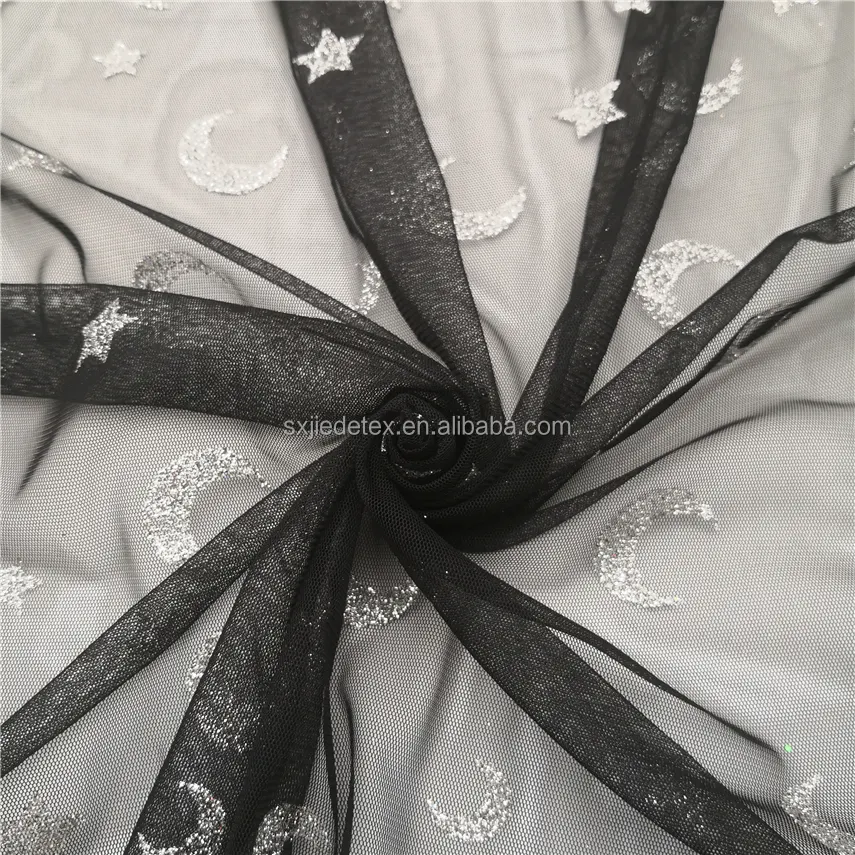 Çevre dostu 2024 yeni tasarım yıldız gümüş hafif örme beyaz ince Glitter siyah tül Mesh Glitter kumaş elbise için