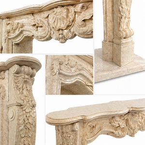 Chimenea tradicional de mármol con tallado ornamentado, de mármol beige Galala, para interiores, con estufa de leña para comedor. - Product Image 4