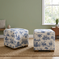 Pouf cube rembourré en toile bleue, thème côtier, repose-pieds, tabouret, housse de pouf moderne pour salon, vente en gros