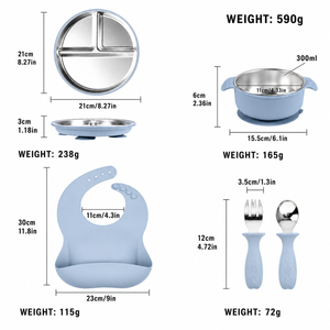 Juego de 5 utensilios de alimentación para niños, plato dividido, babero, tazón, cuchara, tenedor, libre de BPA, silicona duradera, fuerte succión, juego de cena para bebés - Product Image 6