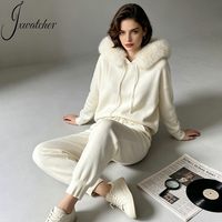 Ensemble deux pièces pour femme en laine tricotée, pull et pantalon large, avec capuche en vraie fourrure de renard, collection Printemps-Automne, personnalisable