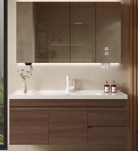 Support customized antique style ceramic integrated basin intelligent <b>mirror</b> <b>wall</b> hanging walnut bathroom cabinet - Product Image 1