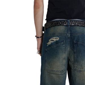 Jean baggy en denim épais délavé bleu, déchiré aux genoux, avec fermeture éclair, non extensible, pour homme - Product Image 4